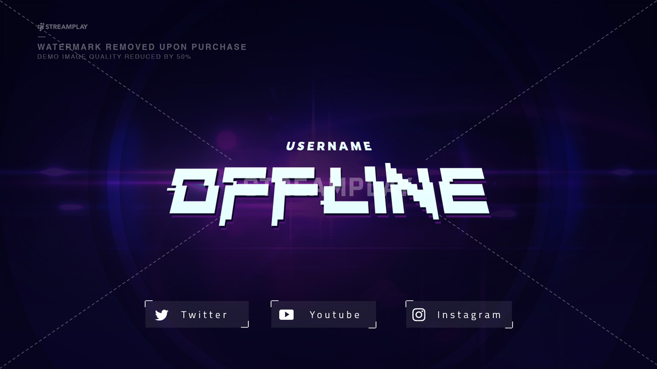 purple offline banner for Twitch with glitch text